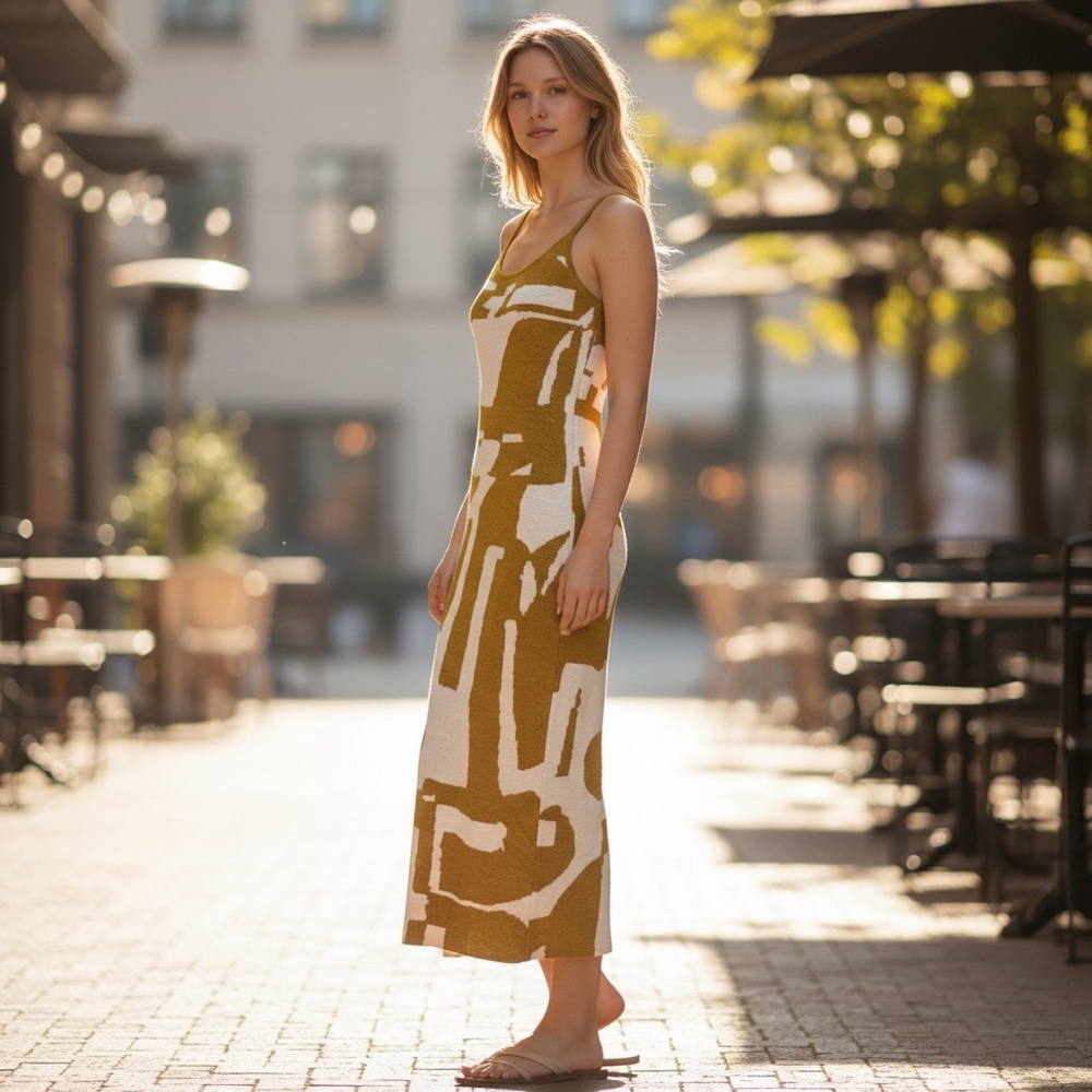 Small Geometric Cream and Mustered Colored Knitted Dress